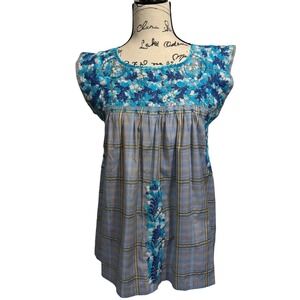 MI GOLONDRINA Soledad Embroidered Blouse Top Blue Plaid Floral Womens Medium